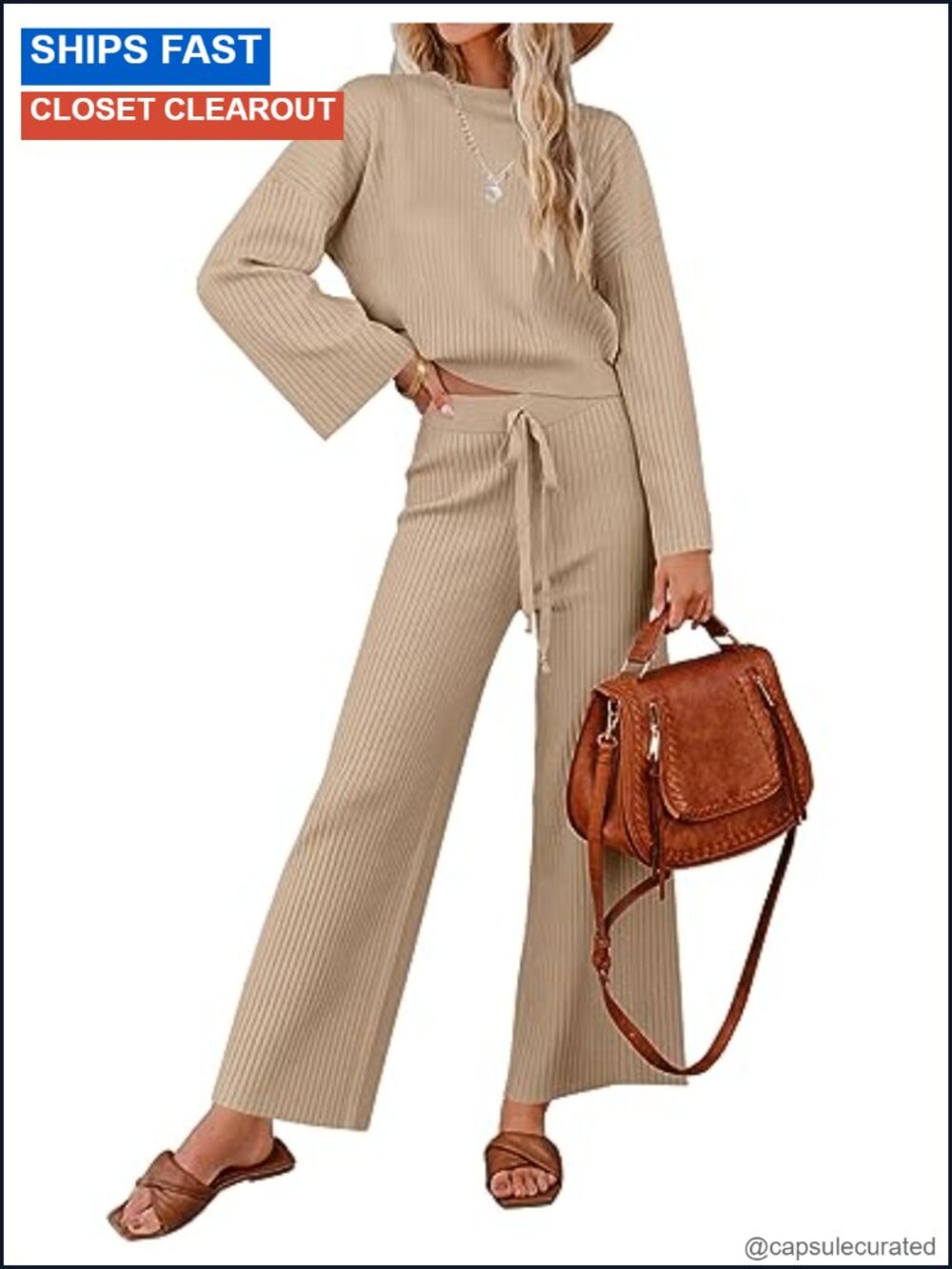 Women's Knit Lounge Set - Crop Top & Wide Leg Pants, Long Bell Sleeve
